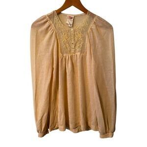 VTG The Red Eye Cream Embroidered Sheer Yoke Peasant Blouse Top L